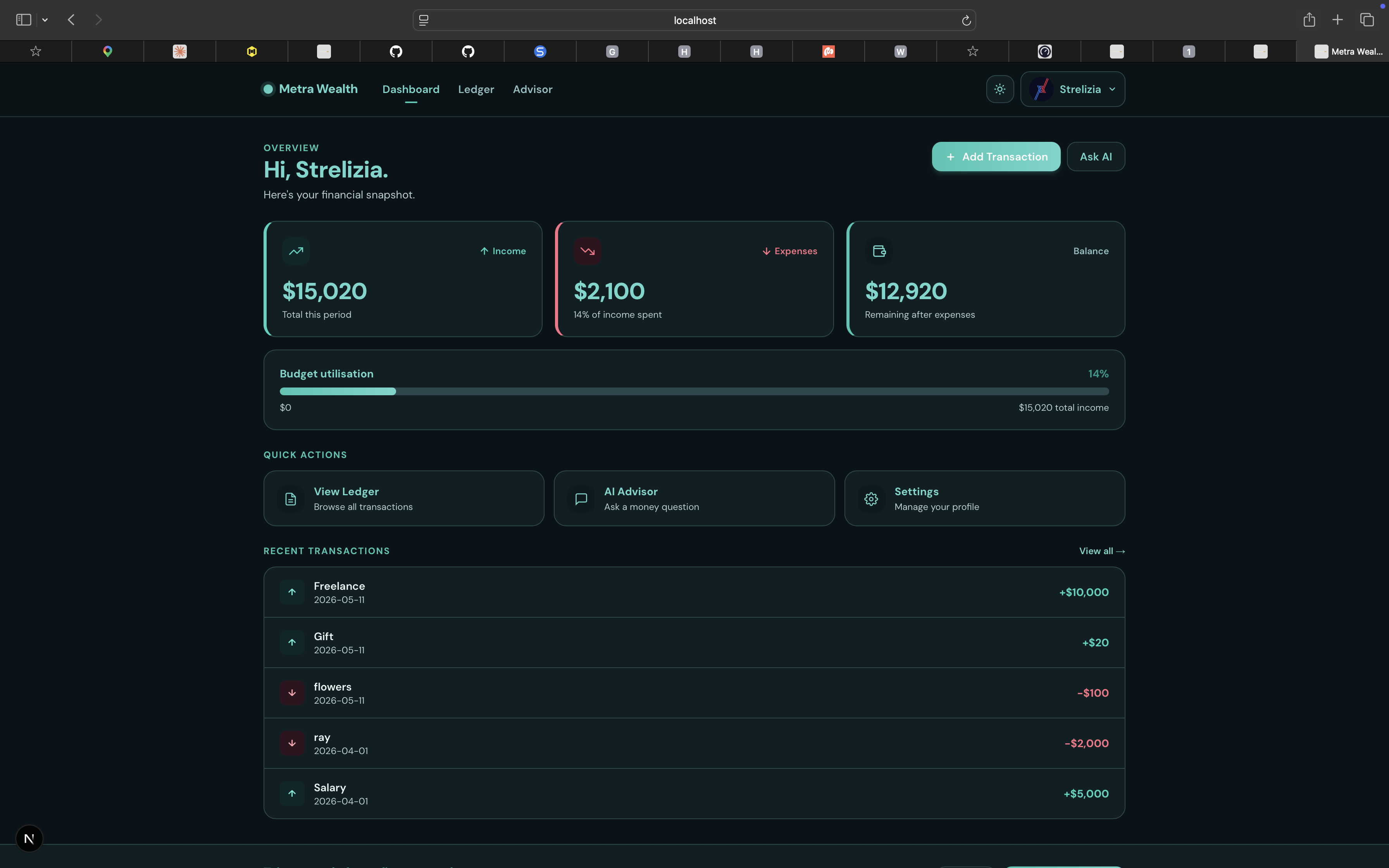 Metra Wealth finance dashboard website